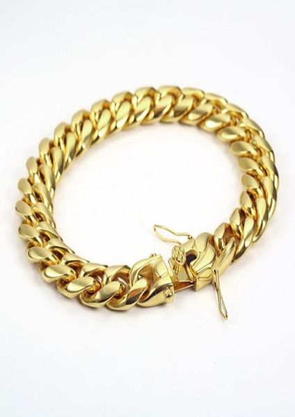 Bracelet de chaîne cubaine rempli d'or Miami Bracelet double sécurité Hip Hop en acier inoxydable à haute voix