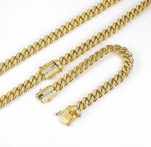 Men de diamant cloué en or Femmes Collier de chaîne cubaine Bracelets en acier inoxydable Hip Hop Iced Out Bling Jewelry Double sécurité 5891052