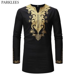 Gouden Floral Print Dashiki Longline T-shirt Mannen Merk Slanke Fit Lange Mouw T-shirt Mannelijke Hip Hop Hipster Afrikaanse Top Tees 210522