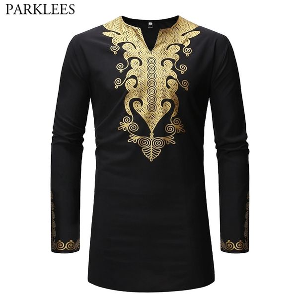 Gold Floral Print Dashiki Longline T-shirt Hommes Marque Slim Fit T-shirt à manches longues Mâle Hip Hop Hipster Africain Top Tees 210522