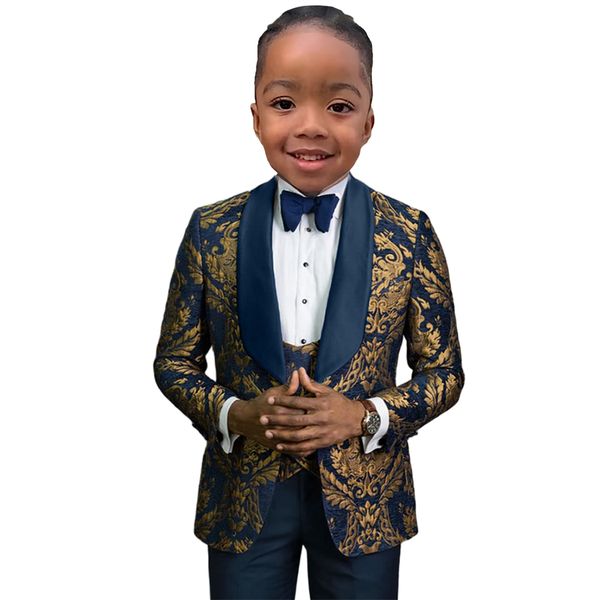 Conjunto de traje de 3 piezas para niño con estampado floral dorado que incluye blazer, chaleco y pantalones, ropa formal de cumpleaños para niños, esmoquin de moda inteligente, traje para niños de 3T a 14T