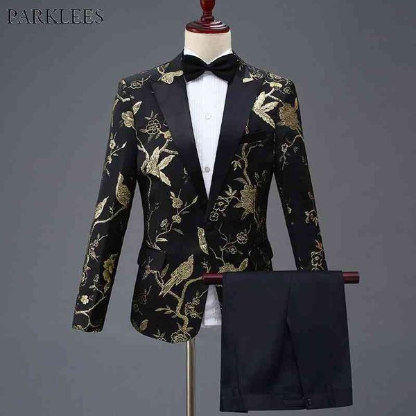 Costume de robe de broderie d'oiseau de fleur d'or Hommes Slim Fit One Button Costumes pour hommes avec pantalon Stage Prom Wedding Grooms Costume Homme 4XL 210522