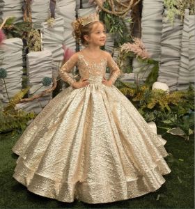 Gold Flower Girl Dress Princess Illusion Sleeve met strikknoppen Luscious Rok Verjaardag Wedding Party Kids Bruidsmeisje