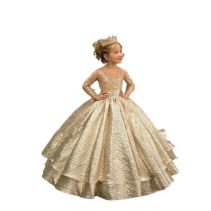 Gouden bloemenmeisje jurk prinses illusie mouw met strik knopen weelderige rok verjaardag bruiloft partij kinderen bruidsmeisje op maat gemaakt