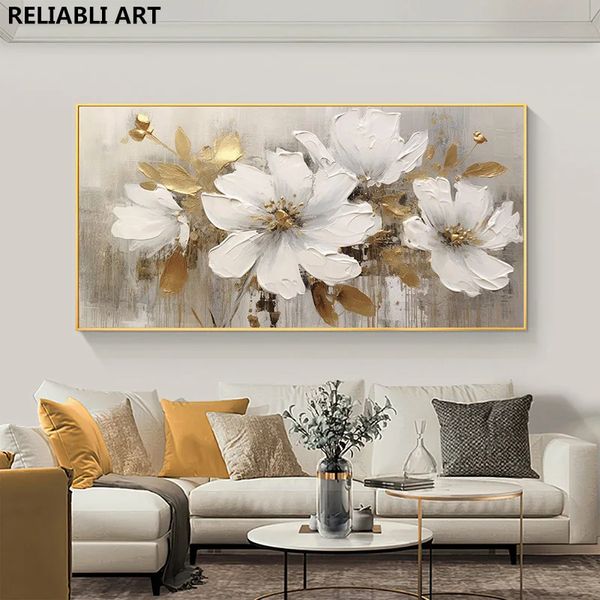 Pintura de aceite de flor de oro en el póster, estampados de lienzo arte de pared, pintura floral blanca abstracta, decoración de la sala de estar, decoración del hogar sin marco