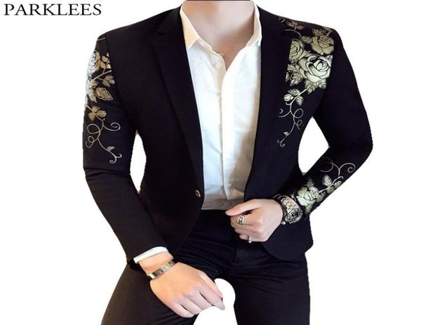 Gold Flower Print One Button Blazer Jacket Men Not Net Party Wedding Festival Elemy Slim Suit Blazer Men Costume Homme 2011041793900