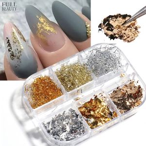 Feuille d'or Platinum Silver Shard Nail Glitter 6 grille par boîte Glitter Silk Stripes Lines Flakes Nails Powder