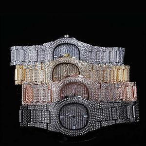Montre glacée entièrement personnalisée en or Bling Bling 600 diamants simulés Zircon cubique calendrier en pierre Quartz bracelet en acier Staness Hip Hop307a