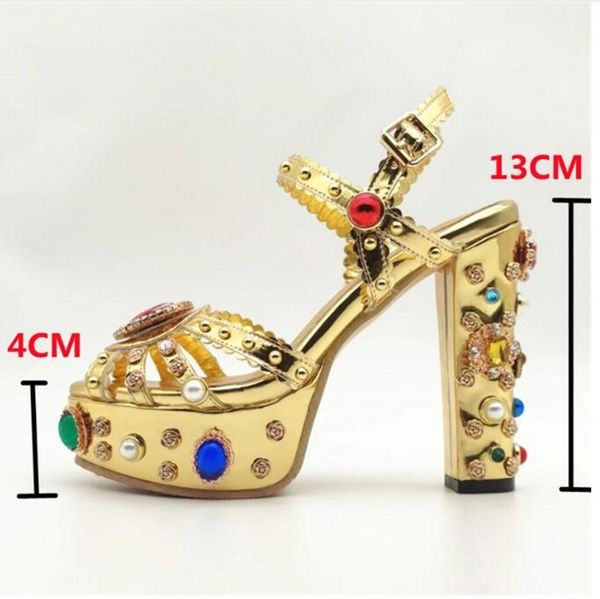 Gold Great Le cuir de luxe Crystal Crystal Sandales Open Toe High Heel Sexy Female Chaussures Socle Robe Bureau Plateforme de mariage