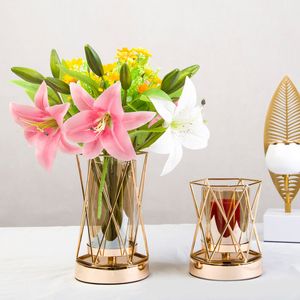 Support de pilier géométrique doré, tube ouragan, bougie en verre, photophore, bocaux, vases cylindriques en verre, pièce maîtresse de mariage transparente