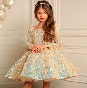 Gold Girls Pageant Dresses Sequined Toddler Ball Gowns Jewel Long Sleeves Formal Kids Party Christmas Gown Flower Girl Dresses for Weddings 2022