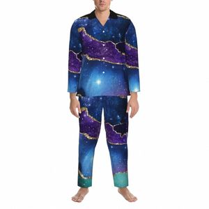 Goud Glitter Marmeren Pyjama Set Paars Blauwgroen Print Schattig Nachtkleding Unisex Lg Mouw Retro Dagelijks 2-delig Nachtkleding Groot formaat 2XL U9T7#