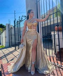 Gold Glitter Mermaid Prom Dresses 2024 Sexy Zijsplit Glanzende Kralen Pailletten Verjaardagsfeestje Banket Dans Avondjurken Vestidos