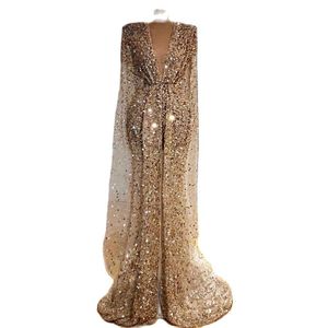 Robes de bal de paillettes d'or arabe Dubaï paillettes perles col en V robes de soirée sirène de luxe manches longues robe de concours sur mesure Made243K