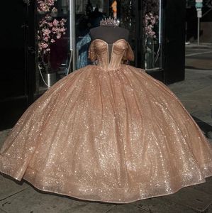 Gouden glitter rozenprinses Quinceanera boog schouderkristallen kralen glanzende Assepoester Sweet Dress Vestidos de Anos
