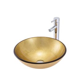 Goud glanzend gehard glas badkamer wastafels rond toilet aanrecht wasbasin hotel monster vaartuig ijdelheid bowl bassin 42*42*15 cm