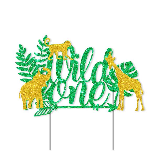 Gol Green Glitter Wild One Cupcake topper Joyeux anniversaire décor de fête de bébé douche bébé fille Jungle 1er anniversaire Supplies