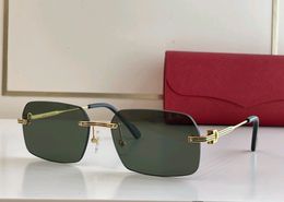 Gafas de sol sin montura de color verde dorado para hombres de verano Gafas de sol vintage UV400 con caja