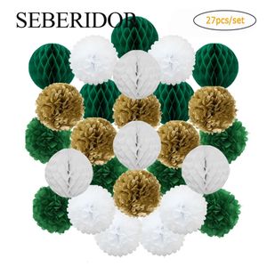 Or Vert Blanc Ensemble Boule De Papier Ronde En Nid D'abeille Tissu Pompon 6 8 10 Pour Noël Mariage Baptême Fête D'anniversaire Décoration 240323