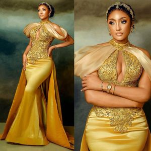 Gouden halter kralen eevning jurken belde Appliqued Mermaid Prom -jurk voor speciale gelegenheden met afneembare trein verjaardagsfeestjurken voor zwarte vrouwen NL097