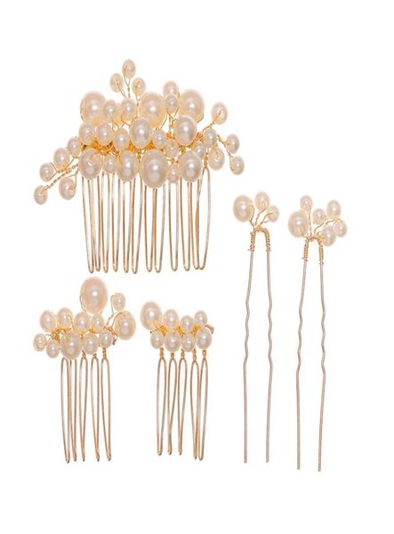 Gold Handmade Imitation Pearl Hair Sembs bijoux Set Hair Sticks Tiaras Hairpins Wedding Hair Accessoires pour cadeaux Bridal9059680