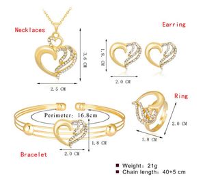 Bijoux de mariée en forme de cœur en or, accessoires de mariée, boucles d'oreilles, collier, couronne, 4 pièces, livraison gratuite, charmant pour la mariée de mariage