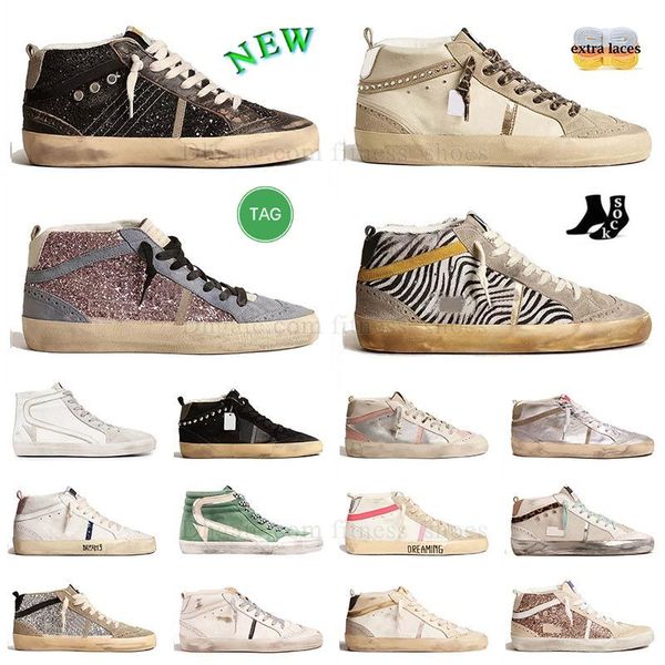 Or High-Cut Designer Casual Chaussures Femmes Hommes Mid Star Plateforme Baskets Rose Bourgogne Glitter Argent Or Vintage Italie Marque Plat Sports OG Formateurs