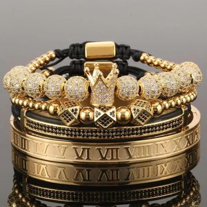Or Hip Hop fait à la main perle Bracelet hommes cuivre pavé CZ Zircon couronne chiffres romains Bracelets Bracelets bijoux