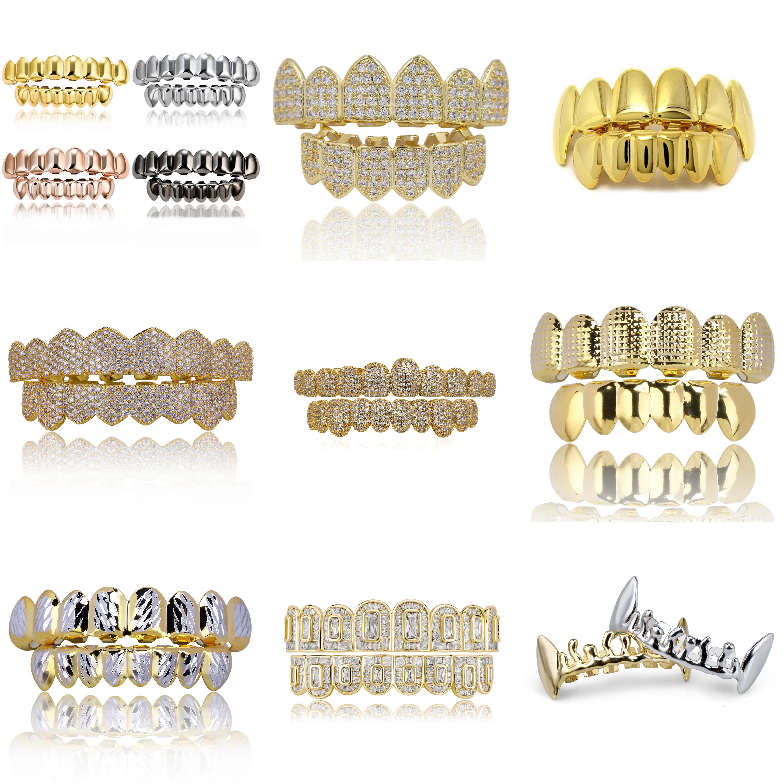 Gold Hip Hop Tooth Grillz Teeth Set Cz Diamonds Vampire Grills 18K Plated Gold Top Bottom Grill Bling Iced Out for Men smyckesdesign 1 till 5