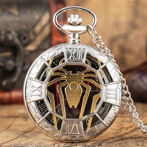 Montres de poche à Quartz en forme d'araignée creuse en or, pendentif demi-chasseur en argent, collier chaîne, horloge, cadeaux pour garçons et femmes