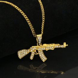 Gold Iced Out AK47 Collier de pendentif pour hommes Bijoux Hip Hop Bijoux Colliers de chaîne de liaison cubaine