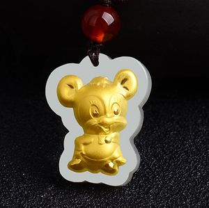 Collier et pendentif talisman du zodiaque chinois en jade incrusté d'or (souris)