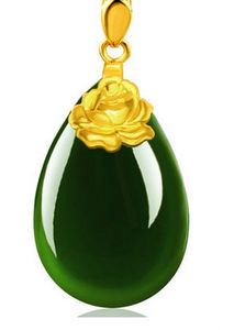 Goud Inlaid Jade Green Water Druppels Peony (Bloeiende Bloemen) Charme Ketting Hanger