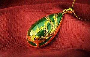Goud Inlaid Jade Green Water Druppels (Phoenix) Charme Ketting Hanger (Talisman)