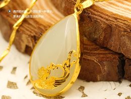 Gouttelettes d'eau blanches en jade incrusté d'or (talisman) phénix au deuxième paragraphe collier pendentif