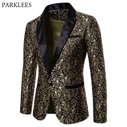 Oro Jacquard Bronceado Floral Blazer Hombres Marca Mens Patchwork Un botón Blazer Chaqueta Fiesta Escenario Cantante Traje Homme 220812