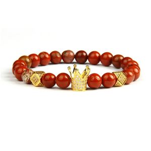 Gouden Sieraden Hele 10 Stuks Lot 8Mm Natuurlijke Rode Stenen Kralen Met Hoge Kwaliteit Micro Verharde Crown Charms Armbanden voor Gift260H