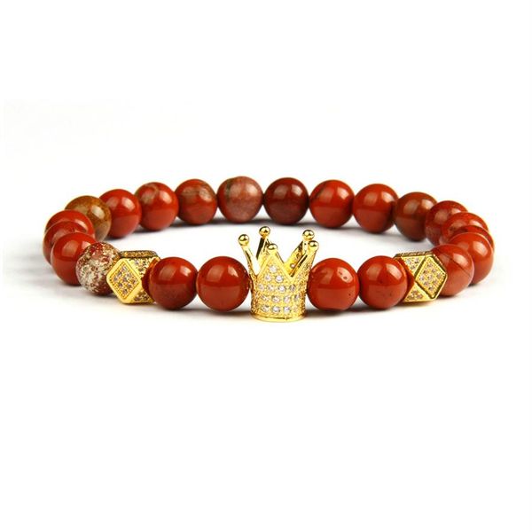 Bijoux en or entier 10pcs / lot 8mm perles de pierre rouge naturelle avec des bracelets à breloques de couronne pavée de haute qualité pour Gift262H