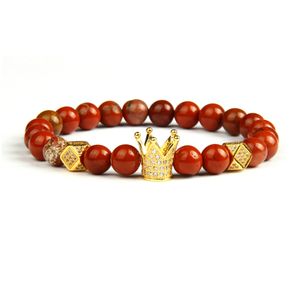 Bijoux en or en gros 10 pièces/lot 8mm perles de pierre rouge naturelle avec haute qualité Micro pavé couronne bracelets à breloques pour cadeau