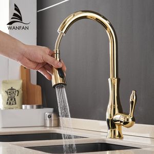 Goud Keukenkranen Zilver Enkele Handvat Trek Keuken Tap Enkele Gat Handvat Swivel Graad Water Mixer Tap Mixer Tik op 866011 T200710