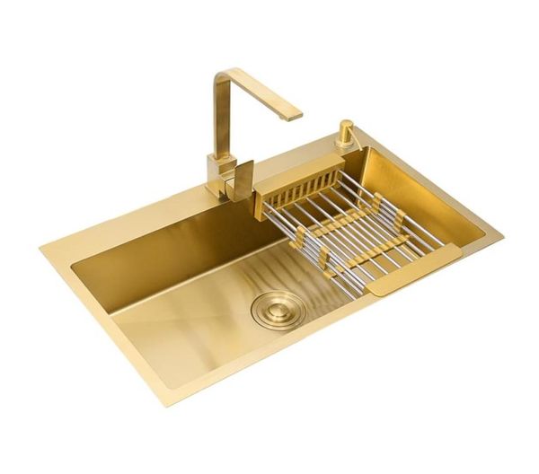 Fregadero de cocina dorado sobre encimera o bajo encimera de acero inoxidable 304, escurridor de cesta dorada, dispensador de jabón, lavabo para lavar 3445678