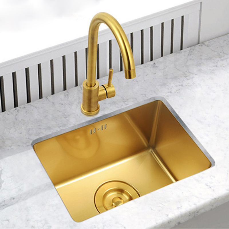 Gold Kitchen Sink Nanometer Technology Gold 4mm Tjocklek 304 Rostfritt stål MANUAL Sänkor En enda bar mot diskbänk