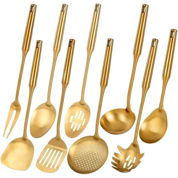 Juego de utensilios de cocina dorados, Standcn 9 piezas de acero inoxidable 304, herramientas de cocina totalmente metálicas con tenedor para carne, cuchara sólida, cucharón, espumadera, espátula ranurada, espaguetis