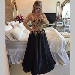 Encaje dorado Cuentas con apliques Satén Vestidos de baile Azul marino Mangas largas Vestidos de baile Largo árabe Dubai Fiesta de noche Dress260P