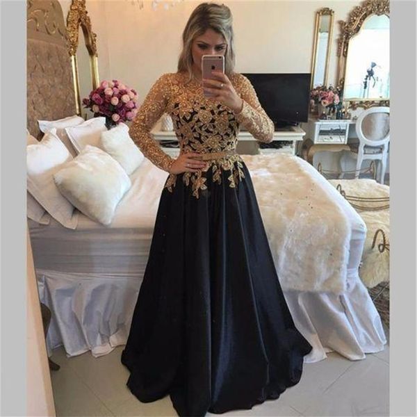 Or Dentelle Appliqued Perles Satin Robes De Bal Bleu Marine Manches Longues Robes De Bal Longue Arabe Dubaï Soirée Dress215K