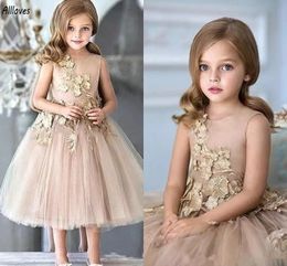 Robes de fille de fleur appliquées en dentelle dorée pour mariage col rond une ligne jupe en tulle longueur de thé robes de soirée formelles pour petite fille robe de première communion d'anniversaire CL3222