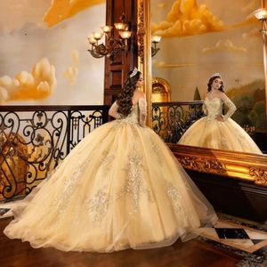 Appliques de dentelle d'or douce 16 princesse Quinceanera robes manches longues Tulle formelle Pageant robe de bal pour les filles robes De Anos Robe 322