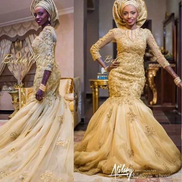 Gold Lace árabe Mermaid 2017 Vestidos de novia africanos Apliques de tres cuartos de mangas vestidos de novia con envoltura de tul