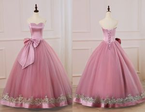 Or dentelle pas cher robes de Quinceanera poussiéreux Rose chérie Tulle arcs dos nu froncé Simple pas cher longue bal doux 16 robe robes 15 anos