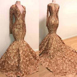 Gouden kant zeemeermin prom jurken diepe v-hals lange mouwen lovertjes avondjurken plus size sweep trein formele jurk